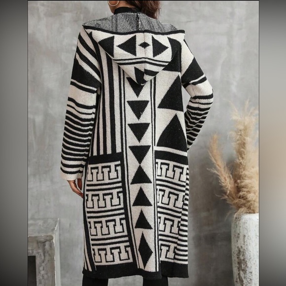 🍁Geo Pattern Drop Shoulder Hooded Duster Cardigan - Picture 2 of 7